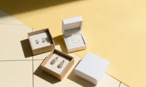 Orecchini scintillanti in scatole, un prezioso materiale che attende di essere indossato.