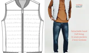 Disegno tecnico e foto di un gilet uomo ai ferri, con dettagli su cappuccio staccabile e tasche. Schemi gratis disponibili per questo capo.