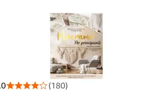 Copertina libro "Macramè per principianti" con immagini di creazioni e istruzioni per iniziare.
