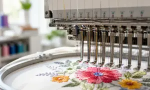 Macchina da ricamo crea un fiore vibrante su tessuto bianco, utilizzando fili colorati per un effetto di cotone pregiato.