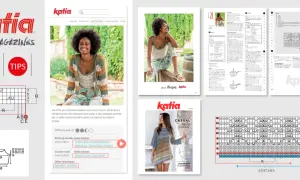 Katia magazine pages showing knitting patterns, yarn, and garment designs.
