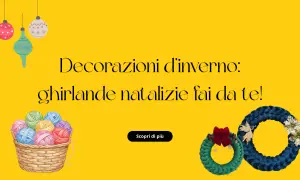 Ghirlande natalizie fai da te, con gomitoli colorati e decorazioni invernali.