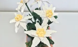 Un mazzo di stelle alpine all'uncinetto, un disegno facile per creare fiori di montagna.