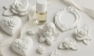Gessetti per bomboniere: cuori, rose, angioletto e cornice in gesso bianco, con boccetta di profumo.