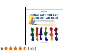Copertina libro "Come mescolare i colori ad olio". Mostra spatola con colori vivaci e campioni di pittura ad olio, spiegando pastelli a olio come si usano.