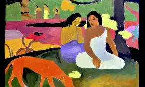 Due donne sedute in un giardino lussureggiante, con un cane arancione che annusa a terra. Un'opera che sembra ispirata a dipinti ad olio da copiare, con colori vivaci e uno stile primitivo.