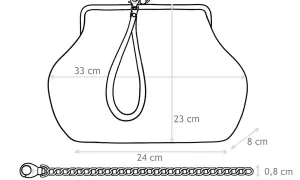 Cartamodello borsa pasticcino con misure: larghezza 20 cm, altezza 33 cm, profondità 8 cm. Include tracolla a catena lunga 125 cm.