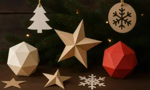 Decorazioni natalizie fai-da-te: una stella, un rombo e un fiocco di neve in carta crespa rossa e beige, appesi a un ramo d'abete.