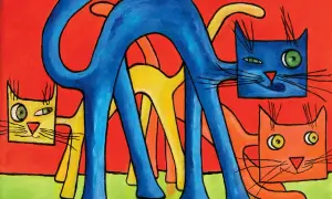 Gatti stilizzati in un vivace gioco di **colore contrasto blu** su sfondo rosso. Un blu intenso domina la scena, con tocchi di giallo e arancione.