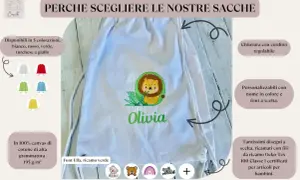 Sacchetto asilo personalizzabile con ricamo leone e nome "Olivia". Misure adatte ai bambini, disponibile in vari colori e disegni.