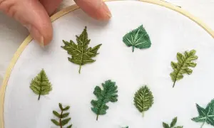 Mani che tengono un telaio da ricamo, con diverse piccole foglie ricamate su tessuto bianco. Un'arte delicata per ricamare foglie piccole.