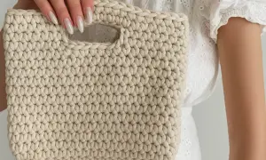 Borsa bauletto uncinetto color crema, tenuta da una mano con unghie curate. Perfetta per un look estivo.