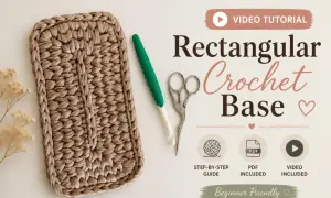 Fondo borsa uncinetto rettangolare beige, con uncinetto verde e forbicine. Tutorial per principianti.