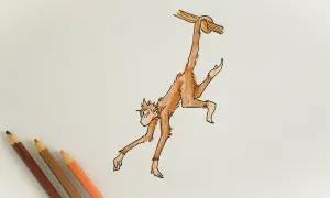 A simple drawing of a monkey hanging from a branch, with colored pencils in the corner.