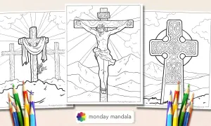 Disegno croce per bambini: tre pagine da colorare con croci, una con Gesù crocifisso, una con tre croci e una celtica.