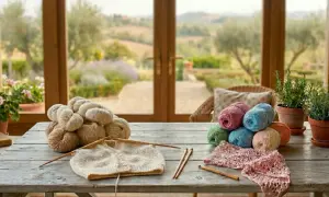 Schema maglia cotone donna ai ferri: gomitoli colorati e un lavoro a maglia su un tavolo di legno, con un giardino sullo sfondo.