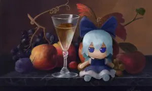 A still life painting of fruit, a glass of wine, and a plush toy with blue hair and a blue bow.