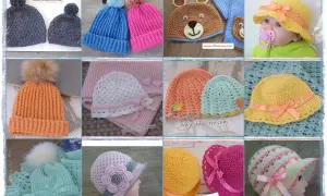 Varietà di cappellini neonato uncinetto: con pompon, a forma di orsetto, con fiocchi e decorazioni floreali.