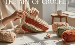 Mani che creano borse all'uncinetto estive con filati colorati. Un'arte fatta a mano.