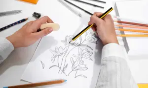 Mani che creano un disegno artistico facile di fiori con matite colorate e gomma.