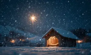 Capanna innevata illuminata, con la stella cometa che brilla nel cielo notturno. Un magico **effetto neve presepe**.