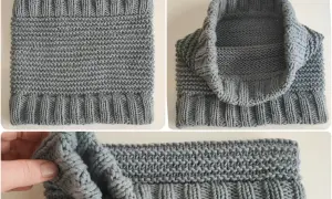 Dettagli di un scaldacollo uncinetto grigio, con coste e punto a maglia. Misure e texture visibili.