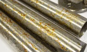 Tubi di acciaio inossidabile con macchie di ruggine marrone e giallastre, che suggeriscono come l'acciaio inossidabile diventa nero con il tempo e l'esposizione.
