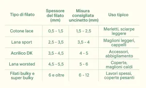 Tabella con tipi di filato, spessori e misure uncinetto consigliate per creare maglioni leggeri, cappelli e altri capi.