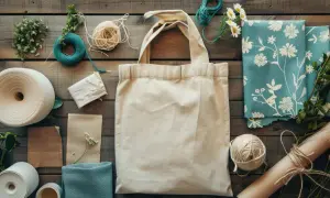 Borsa su rete canvas con fettuccia, fili, tessuti e fiori.