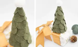 Albero di Natale fatto a mano con cono polistirolo e feltro verde, decorato con pallina bianca e glitter. Perfetto per un tocco festivo.