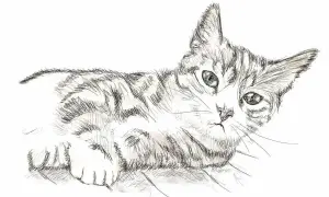 Un gatto disegno realistico facile, con striature grigie e occhi verdi penetranti, sdraiato con le zampe anteriori incrociate.