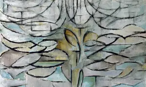 Un albero stilizzato in un'opera d'arte astratta, con linee curve e forme geometriche che evocano la natura.