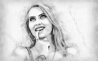 Volto disegno a matita di una giovane donna con lunghi capelli biondi, che si morde il labbro inferiore con un dito, guardando verso l'alto con un'espressione giocosa.