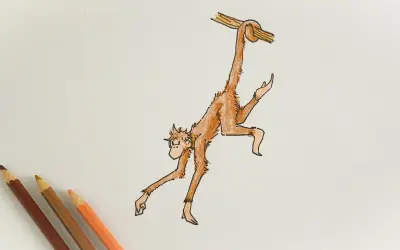 A simple drawing of a monkey hanging from a branch, with colored pencils in the corner.