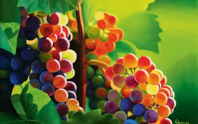 Grappoli d'uva dipinti con vivaci colori primari, che sembrano esplodere di luce e tonalità.