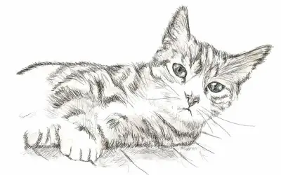 Un gatto disegno realistico facile, con striature grigie e occhi verdi penetranti, sdraiato con le zampe anteriori incrociate.