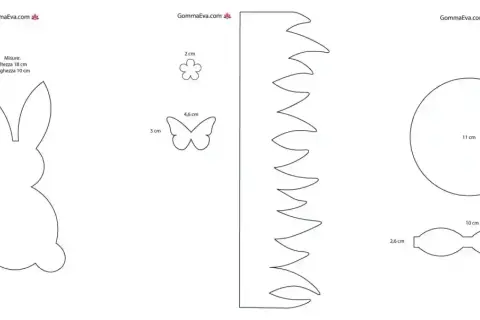 Sagoma coniglio alta 18 cm, con farfalla, fiore, cerchio e fiocco. Ideale per lavoretti creativi.