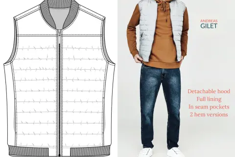 Disegno tecnico e foto di un gilet uomo ai ferri, con dettagli su cappuccio staccabile e tasche. Schemi gratis disponibili per questo capo.