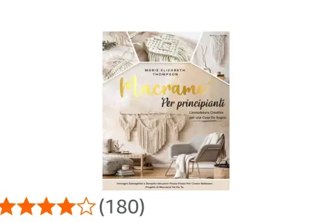 Copertina libro "Macramè per principianti" con immagini di creazioni e istruzioni per iniziare.