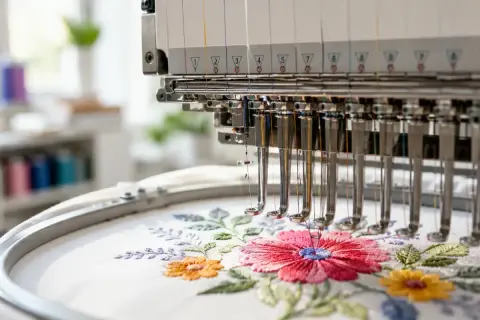 Macchina da ricamo crea un fiore vibrante su tessuto bianco, utilizzando fili colorati per un effetto di cotone pregiato.
