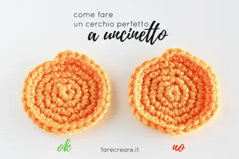 Due cerchi all'uncinetto arancioni, uno perfetto e uno con un bordo ondulato. Impara a fare un semicerchio uncinetto senza difetti.