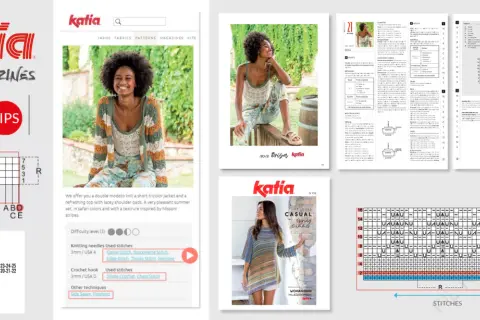 Katia magazine pages showing knitting patterns, yarn, and garment designs.