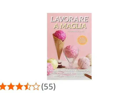 Copertina libro "Lavorare a Maglia per Principianti" con gomitoli rosa e gialli, che illustra i lavori ai ferri con spiegazioni.