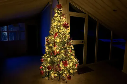 Albero di Natale addobbato con luci calde, palline rosse e dorate, e fiocchi. Un esempio di come mettere le luci sull'albero di natale per creare un'atmosfera magica.