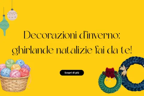Ghirlande natalizie fai da te, con gomitoli colorati e decorazioni invernali.