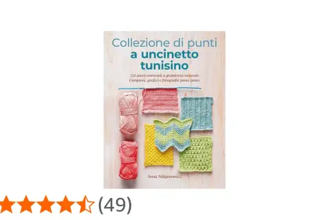 Copertina libro "Collezione di punti a uncinetto tunisino" con campioni colorati e gomitoli. Perfetto per chi ama i modelli tunisini.