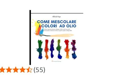 Copertina libro "Come mescolare i colori ad olio". Mostra spatola con colori vivaci e campioni di pittura ad olio, spiegando pastelli a olio come si usano.
