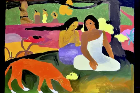 Due donne sedute in un giardino lussureggiante, con un cane arancione che annusa a terra. Un'opera che sembra ispirata a dipinti ad olio da copiare, con colori vivaci e uno stile primitivo.