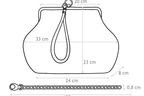 Cartamodello borsa pasticcino con misure: larghezza 20 cm, altezza 33 cm, profondità 8 cm. Include tracolla a catena lunga 125 cm.