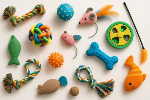 Giochi colorati per gatti: topi, ossa, palline e corde. Perfetti per imparare come fare i pon pon con creatività.